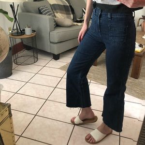 J Brand high waisted wide leg flare with raw hem